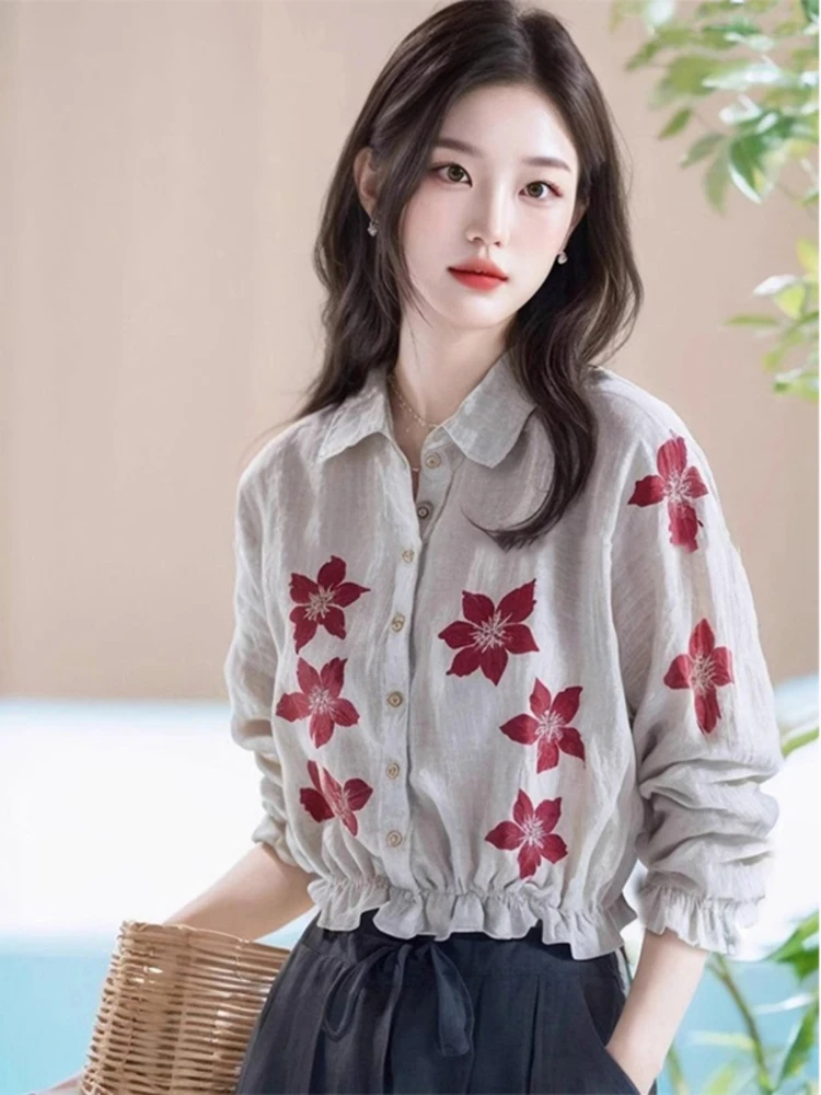 Fashion Vintage Shirts Turn Down Collar Long Sleeve Flower Print Crop Tops Design Blouses All Match Spring Autumn Women Clothing