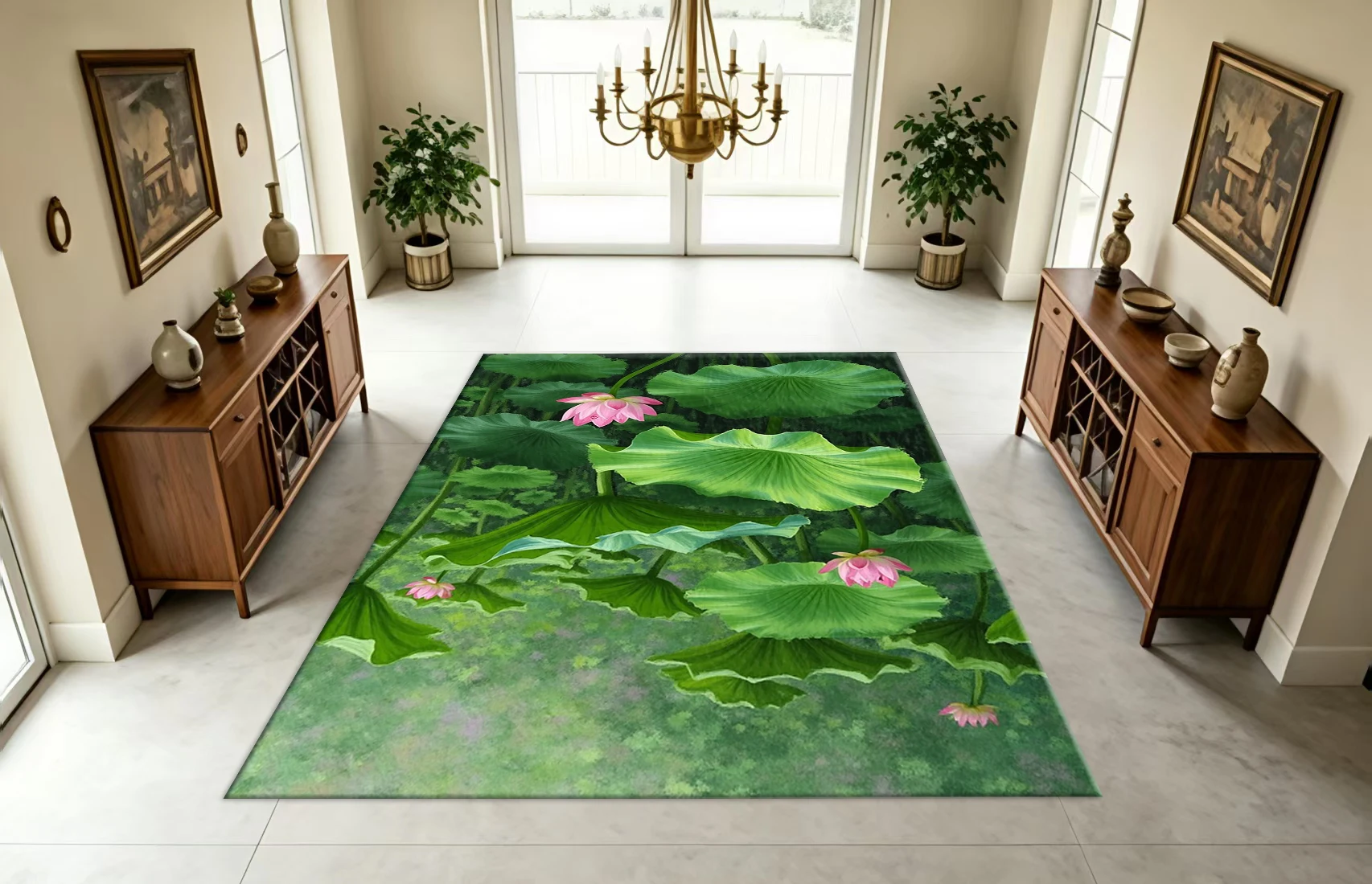 Vintage Green Lotus Leaf Pink Blossom Floral Art Carpet Flooring Oriental Style Home Living Bedroom Decor Floor Rug