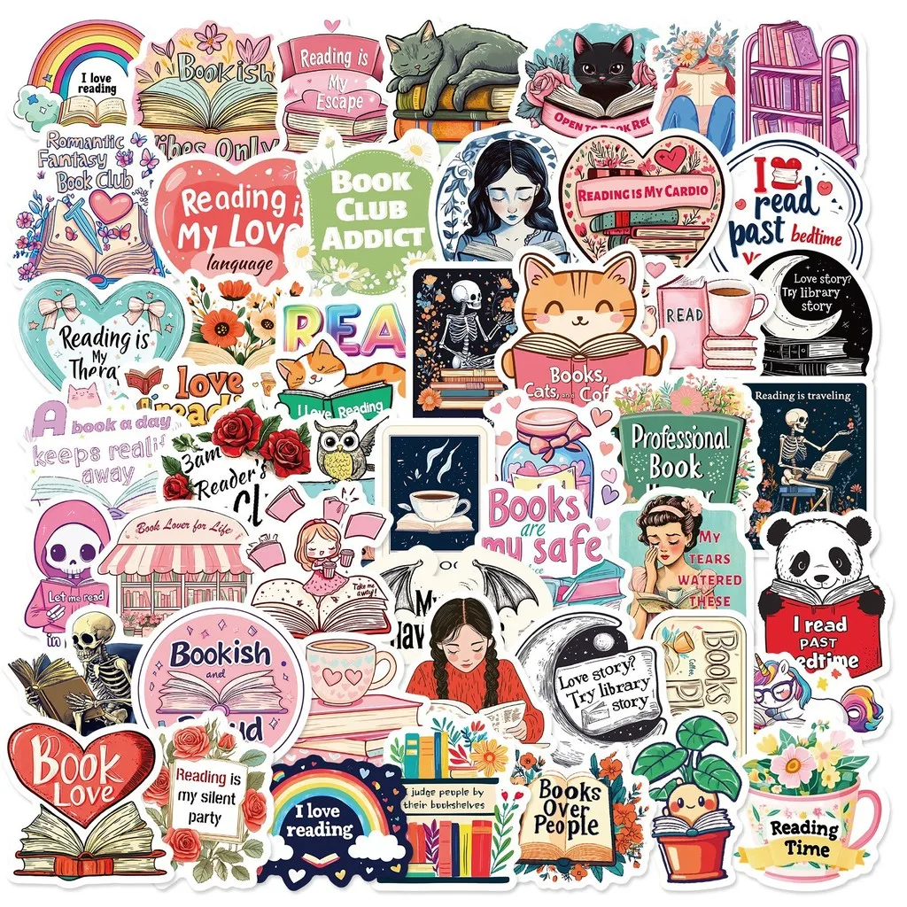 50Pcs Graffiti Text & Image Stickers Reading-themed Animal and Book Decals for Reading Inspirational DIY RecordingYourLife Store