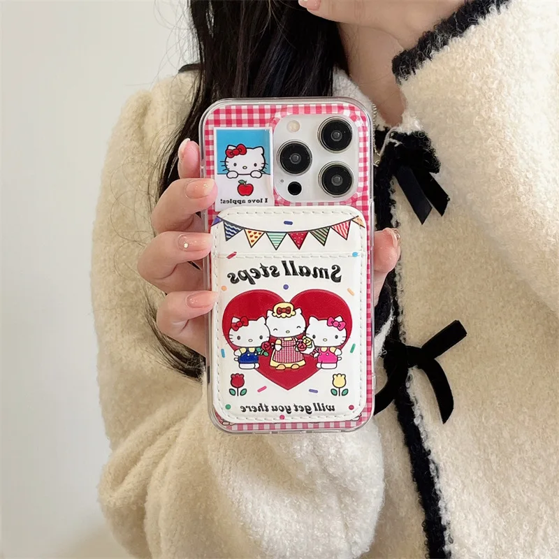 Cute Sanrio Hello Kitty Magnetic Wallet Magsafe Wireless Charge Phone Case For iPhone 15 14 13 12 11 Pro Max Clear Hard Cover