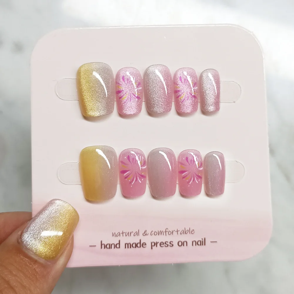 Arte artesanal de unhas artificiais para mulheres e meninas, unhas postiças, design colorido de olho de gato, arte de manicure curta, 10pcs