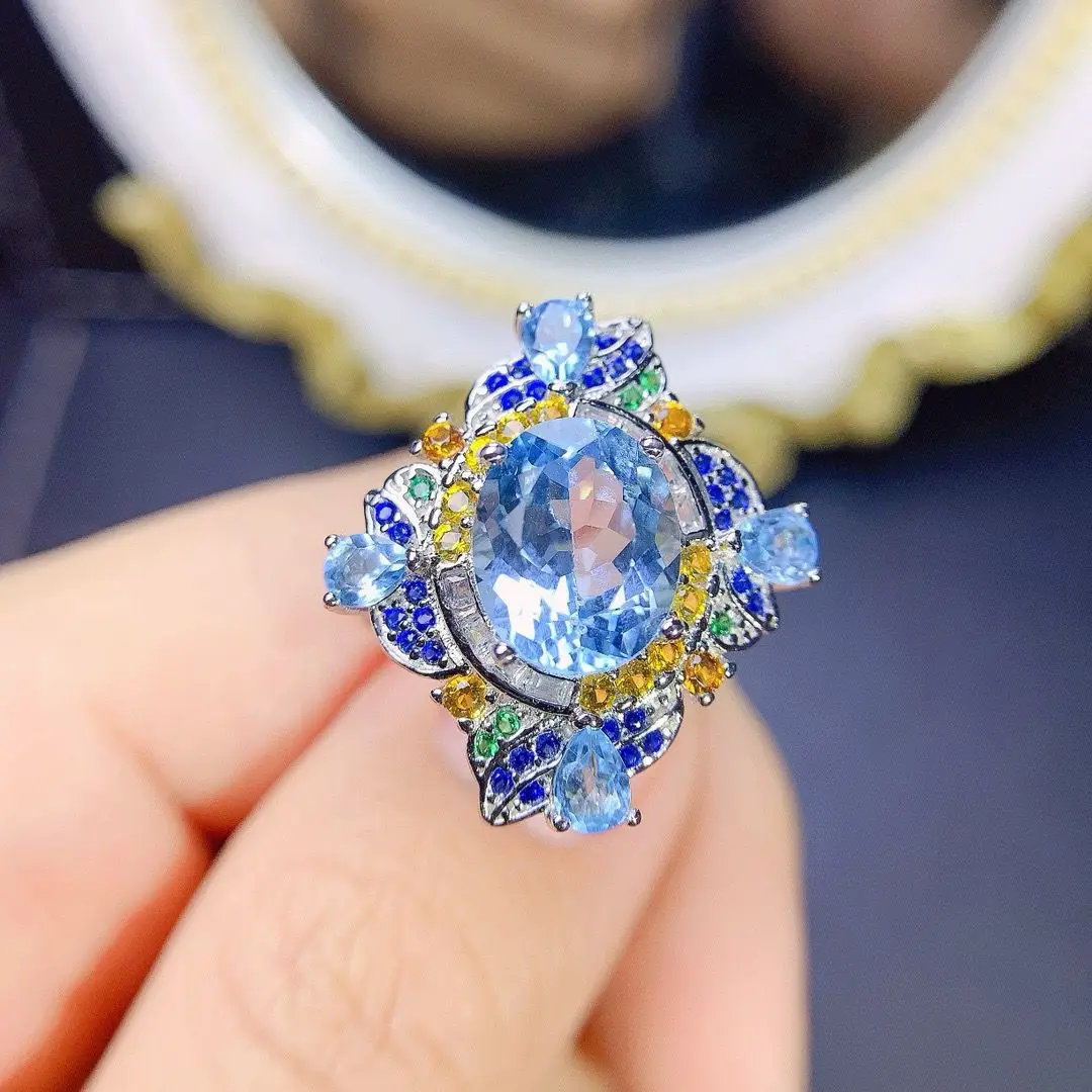 

ZECAA Topaz Fine Jewelry Woman Topaz Ring With Natural Blue Sky Topaz Gemstone 8*10mm Lady Silver Blue Topaz Ring Jewelry