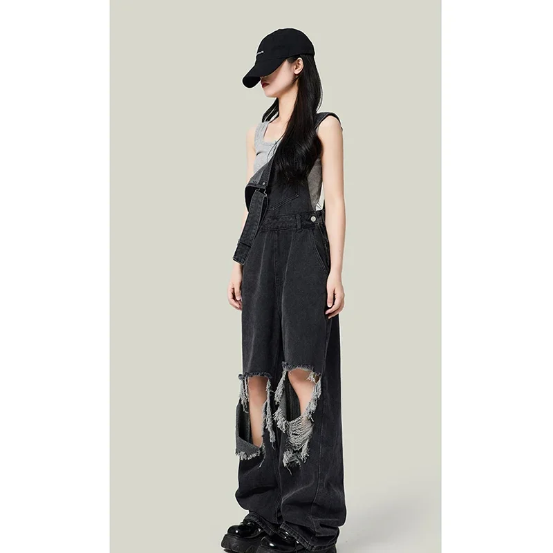 Women Black Straps Jeans Vintage Ripped Wide Leg Pants High Waist Casual Fashion Straight Baggy Denim Trouser Ladies Summer