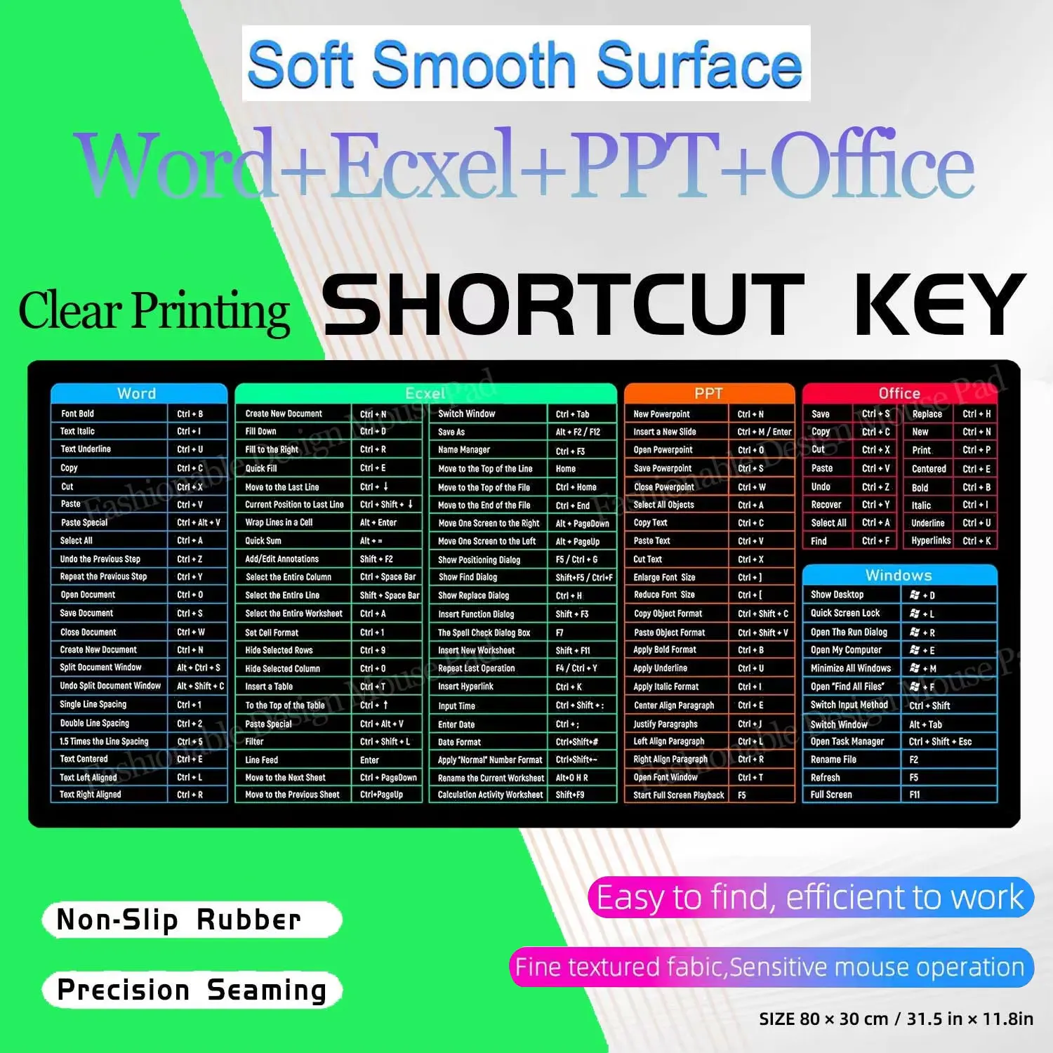 Large Desktop Mouse Pad Shortcut Keys Non Slip Base Office Computer Keyboard Desk Pad Windows And Word Excel PPT Shortcuts Study