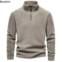 2024 Men's Winter Warm Fleece Tops Sweatshirts Casual Long Sleeve Zipper Stand Collar Pullover Tops  Fashion Solid Sweatshirts