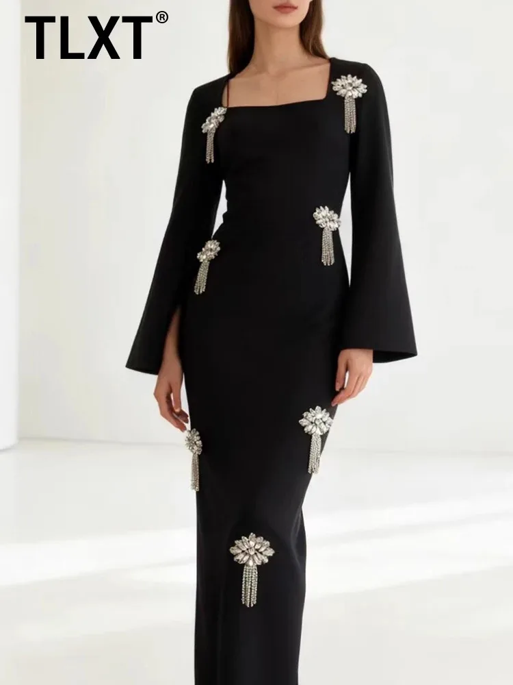 

TLIT элегантное платье с квадратным воротником и бриллиантами в стиле пэчворк, тонкие женские вечерние платья с разрезом, женские весенние платья 2026, новинка SK2690