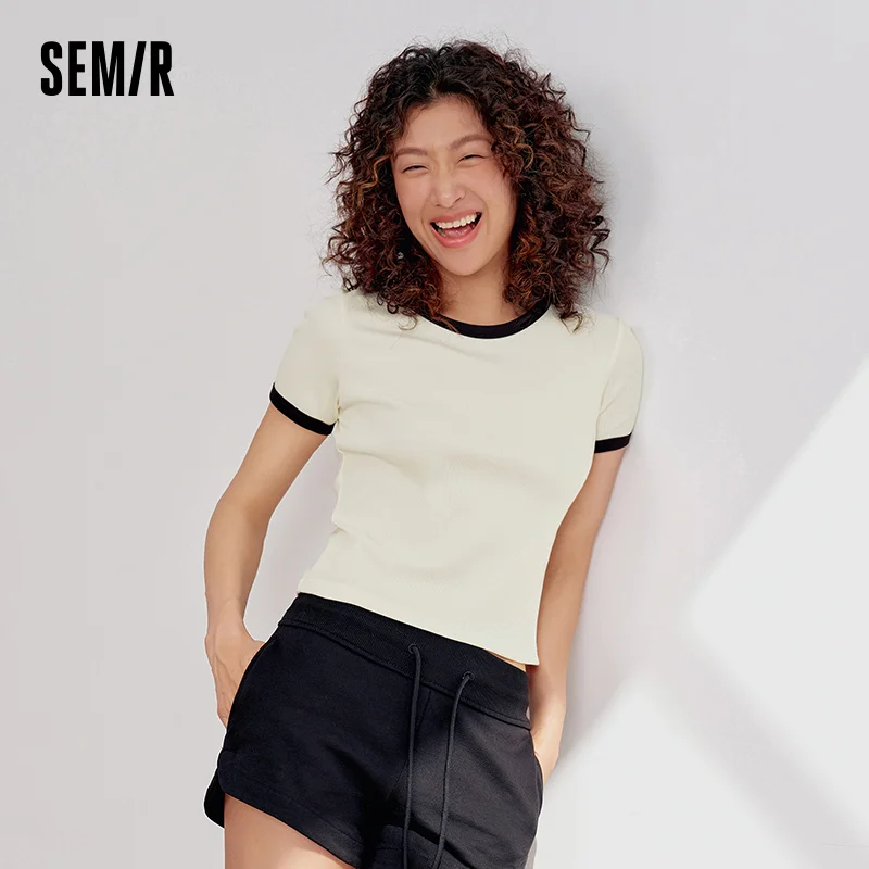 Semir Women Tshirt Cool Feeling Short Standard Shoulder Color Block Slim 2026 Summer Casual Style Fashion Soft Comfy Daily Top