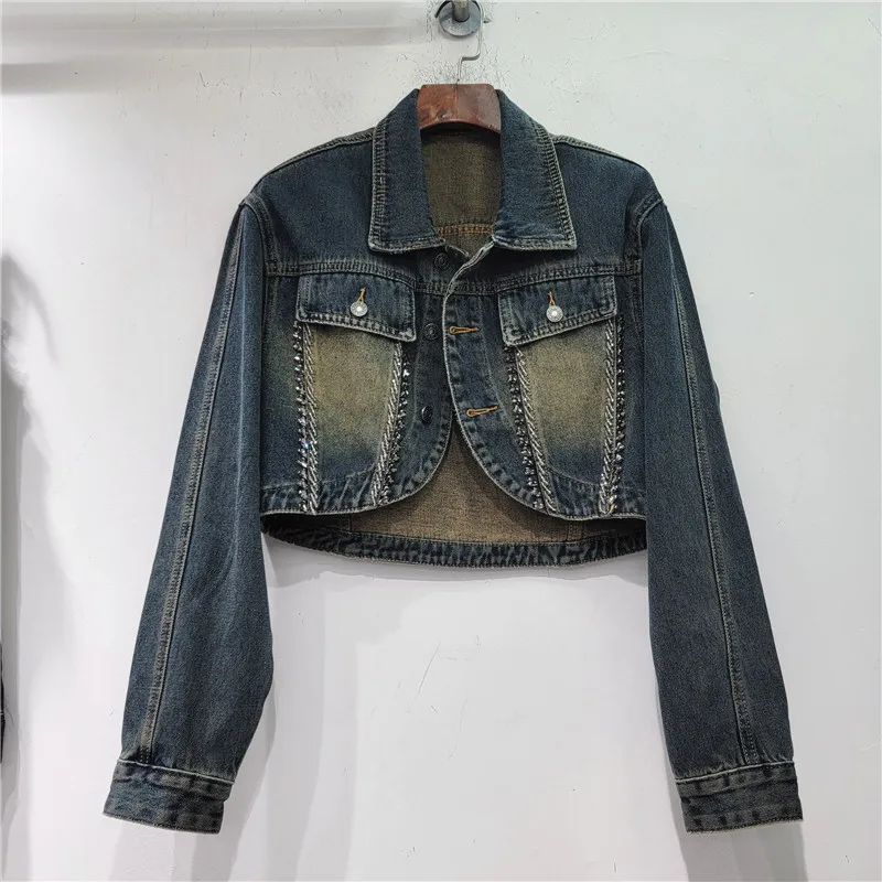 

European Station 2023 Autumn Clothing New Heavy Industry Vertical Strip with Diamond Beads High Waist Skinny Short Denim Jacket