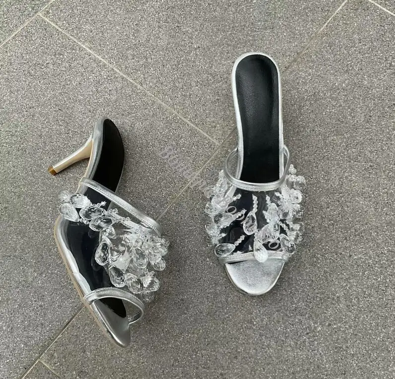 Bling Clear Beadings Strings Crystal Drop Sliver Slipper Sandals PVC Peep Toe Kitten Heels Woman Slingbacks Sandals Shoes