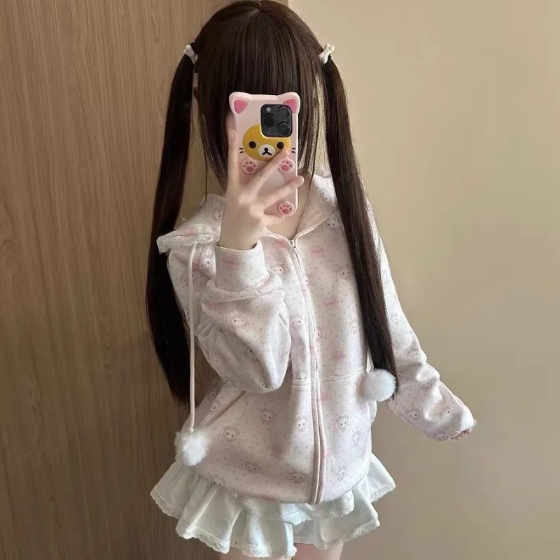 Japanese Subculture Sweet Kawaii Lace Hooded Sweatshirt Spring Girls Cute Sweet Zipper Hoodie Lolita Loose Jacket Y2k Clothes view 4