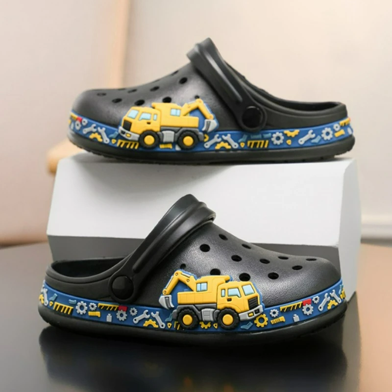Boys' Excavator Clogs, EVA Non-Slip Kids Garden Shoes, Cute Construction Truck Design Sandals for Summer Indoor Outdoor