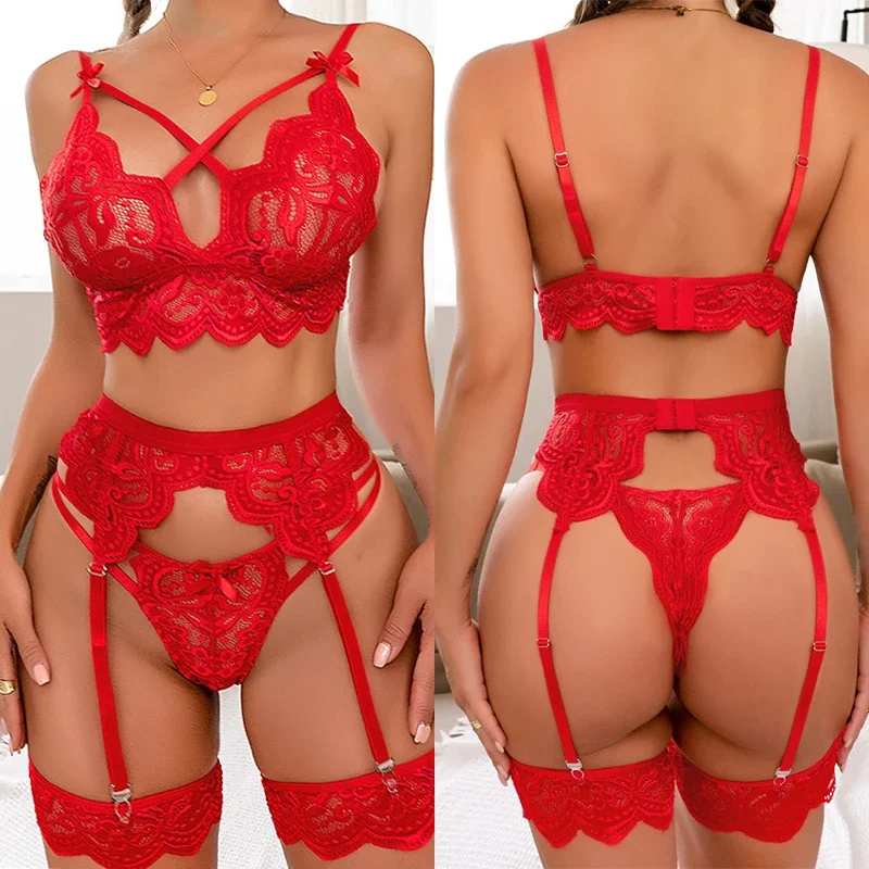 Lencería erótica Sexy para mujer, sujetador y bragas, ligas, conjuntos de lencería transparentes, ropa interior Sexy, disfraces femeninos, 3 piezas