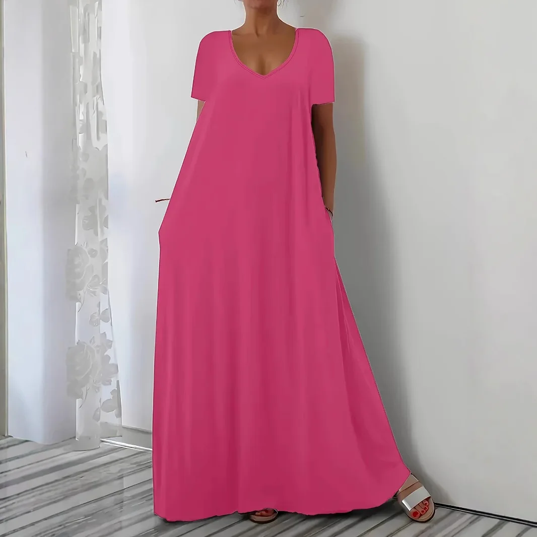 Sommerliches neues einfarbiges Kleid mit V-Ausschnitt, lockeres Kleid mit kurzen Ärmeln und langem Rock im lässigen, vielseitigen Stil – Detail 3