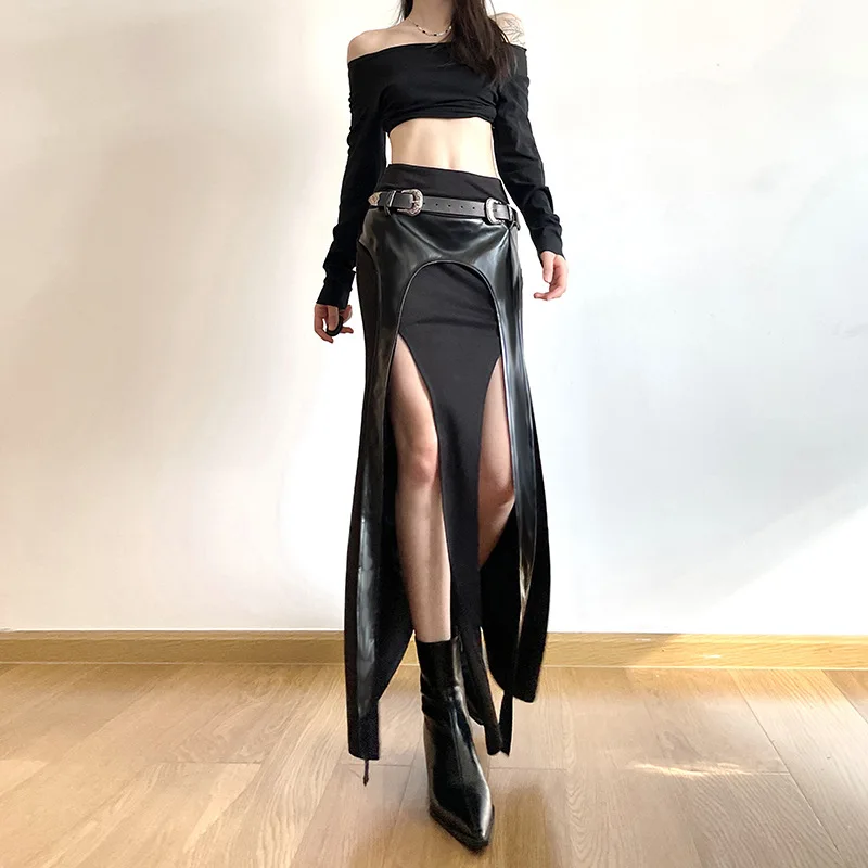 

European and American high street spicy girl style irregular leather patchwork half skirt sexy slim fit slit wrap buttocks skirt