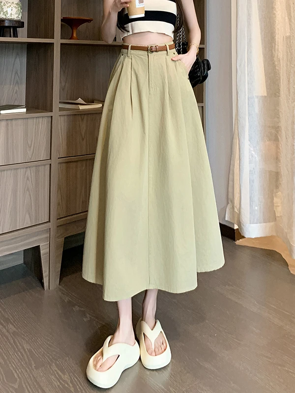 Khaki Pleated High Waist Women's Skirt Summer New Style Slimming Drapey Midi A-Line Umbrella Skirt City Walk Cotton 100%