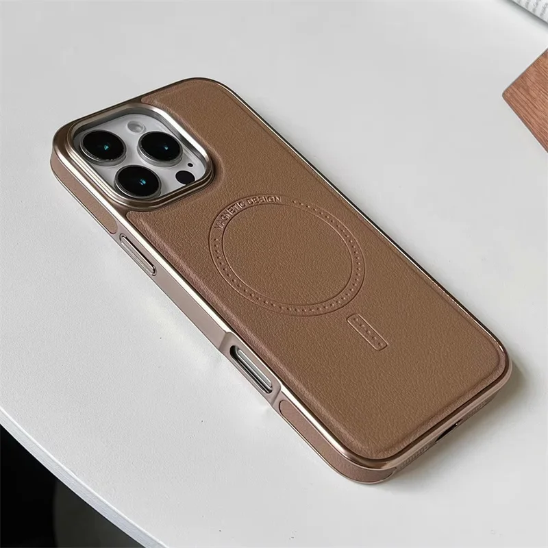 Luxuriöse Plating-Rahmen PU-Lederhülle für iPhone 13 14 15 16 17 18 Pro Max mit Magsafe Magnetischer Drahtloser Ladefunktion Stoßfeste Abdeckung – Detail 3