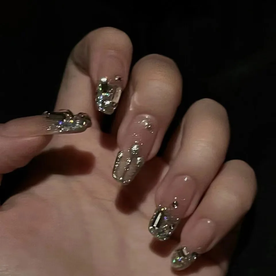 10Pcs Handmade Press on Nails coffin Ballerina False Nails with Rhinestone Designs Full Cover artificial Nail Tips