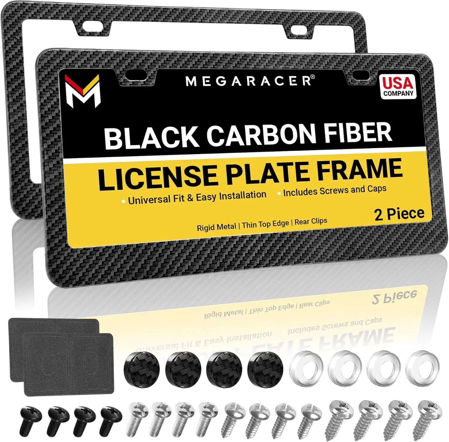 

Carbon Fiber License Plate Frames 2 Pack, Rust-Free Stainless Steel, Rattle-Proof, Universal Fit with Screw Caps for Front &