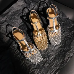 Retro Gold Hollow  Silver Mesh Ballet Flats Sandals Women's Femme de Luxe Dancers Buckle Low Heel Ballet Flats Luxury Shoes