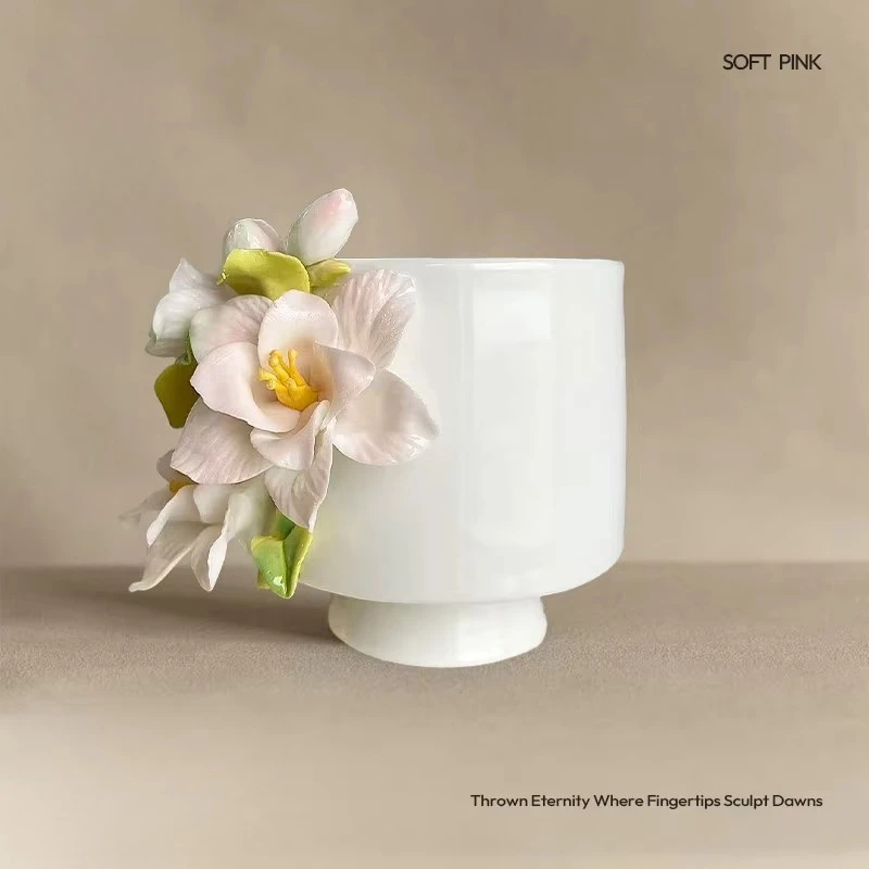 *a&Int Cultural Heritage hand-squeezed flower pink begonia flower ceramic cup coffee cup master cup birthday gift mi