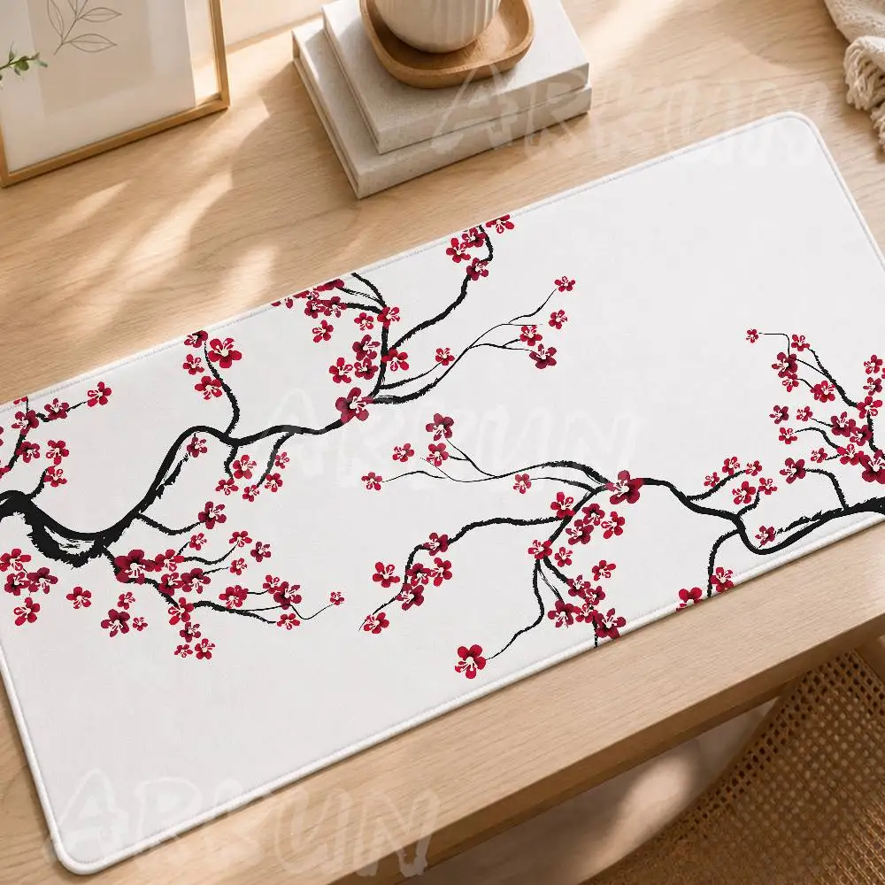 Ink Plum Blossom Mouse Pad, Traditional Oriental Red Flower Branch Art Large Vintage Asian Ink Painting Non-Slip Decor