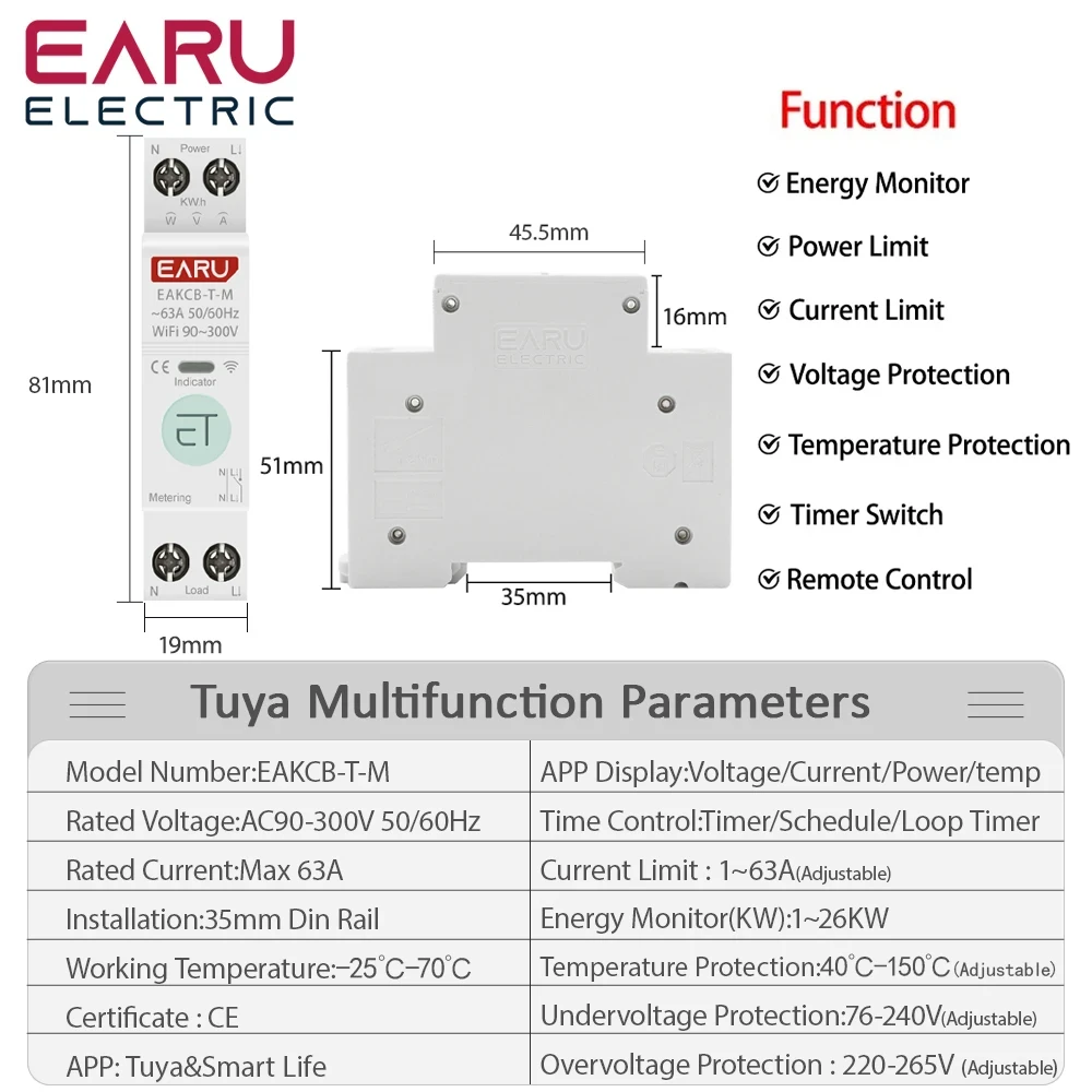 TUYA eWeLink WiFi Smart Circuit Breaker MCB 1-63A Adjustable Power Energy kWh Voltage Current Meter Protector Time Relay Switch