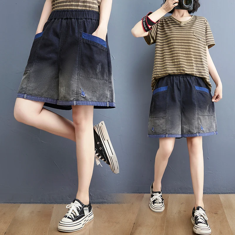 

Retro Waed Distred Colored Denim orts Women's Summer Faion Versatile Hot Pants Loose plus Size Slimming Wide Leg Pants