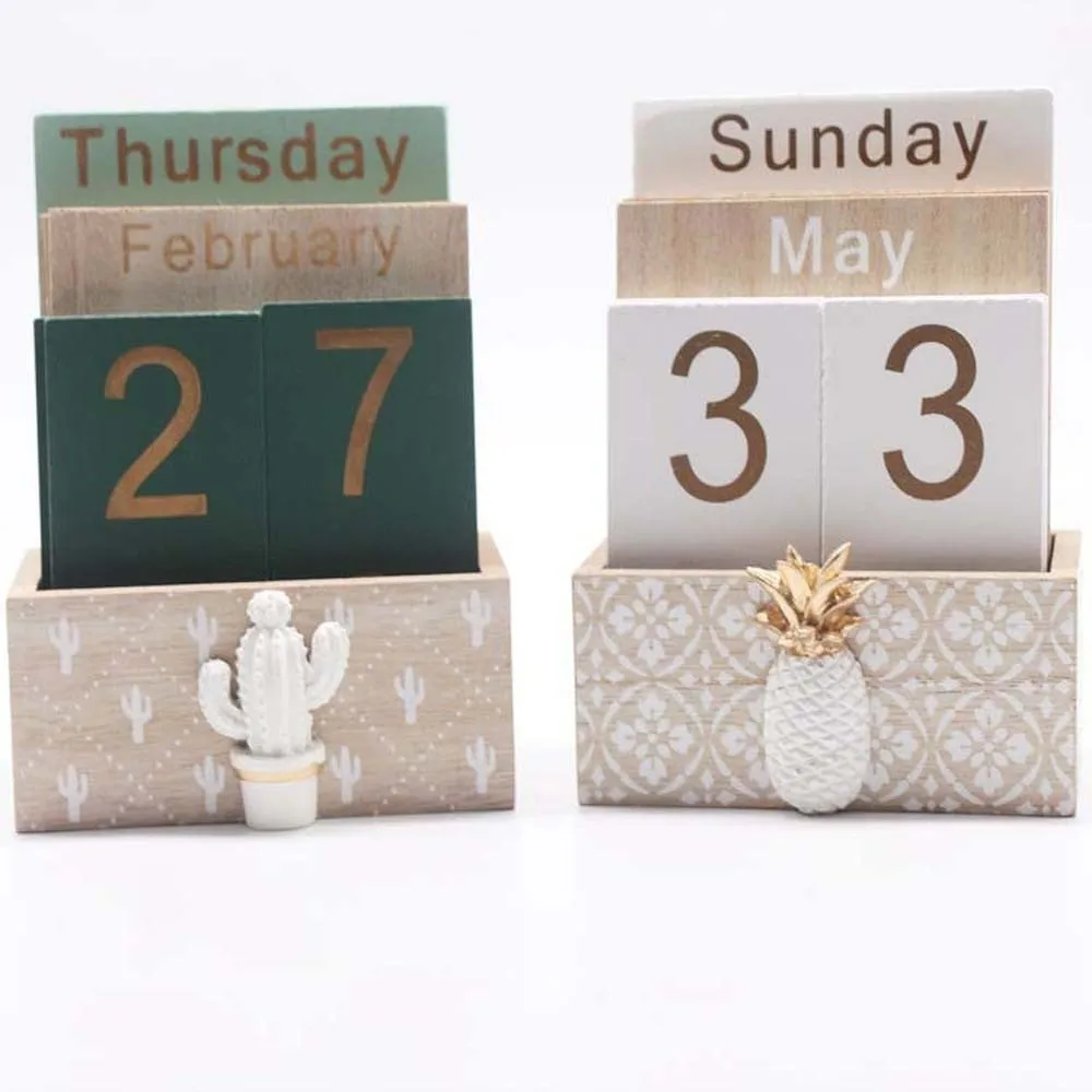 

Aesthetic Wooden Perpetual Calendar Cactus Pineapple Desk Calendar Ornament Reusable Home Decoration Date Display Ornament Gifts