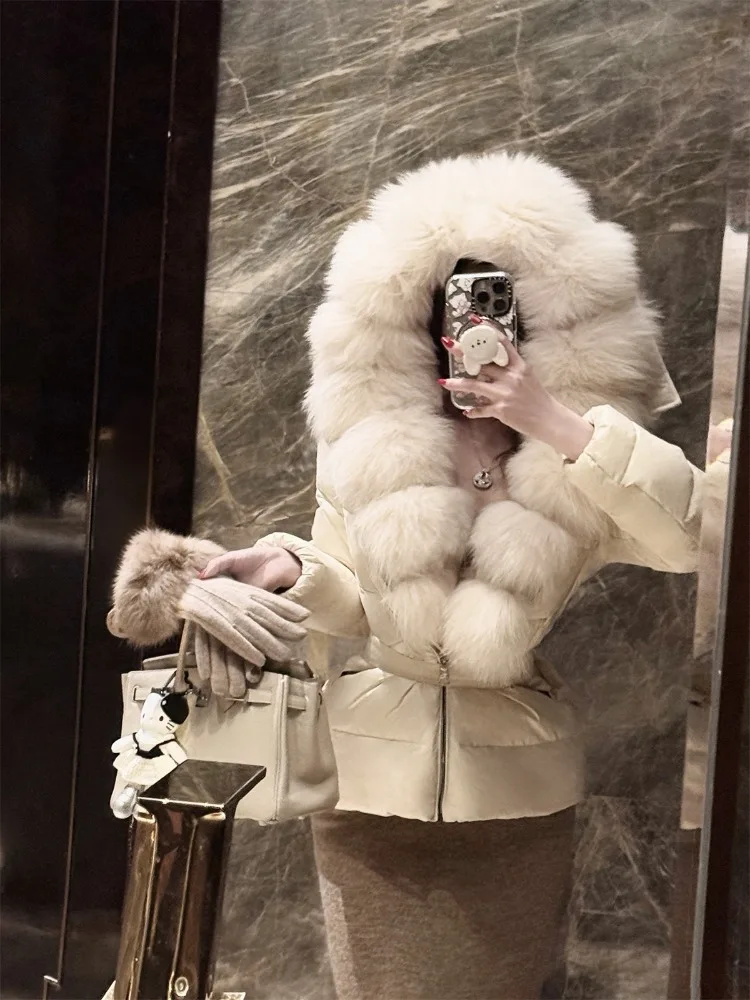 Women's Padded Jacket Natural Real Fur Collar Jacket Winter Women Hooded White Duck Down Coat Belt Thick Warm Casual Outerwear