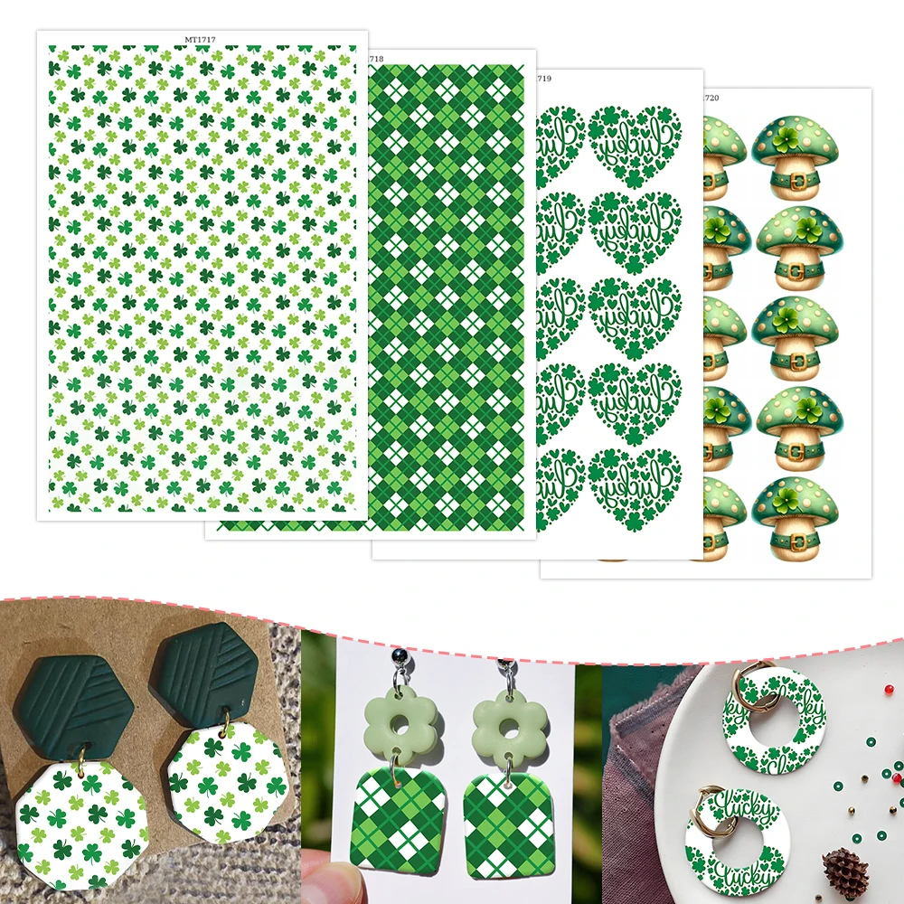 Shamrock Heart Water Transfer Paper , Lucky Clover Decal Sheets for Polymer Clay Earrings Crafts Making