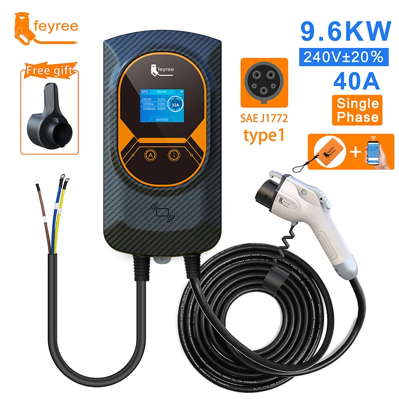 Feyree ev carregador type1 evse wallbox 32a 7.6kw 40a 9.6kw 50a 12kw 1 fase j1772 adaptador controle de aplicativo para carro de veículo elétrico