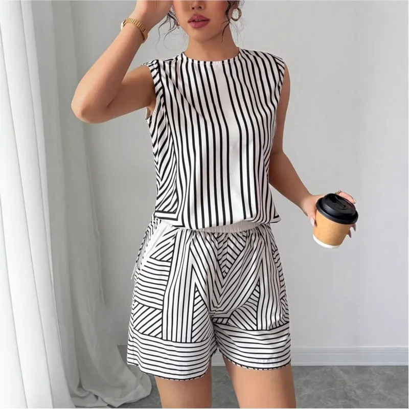

Fashion Two Piece Set Women Summer Casual Women's Suits Sleeveless Round Neck Top Shorts Slim Fit Stripes Suit Summer Ropa Mujer