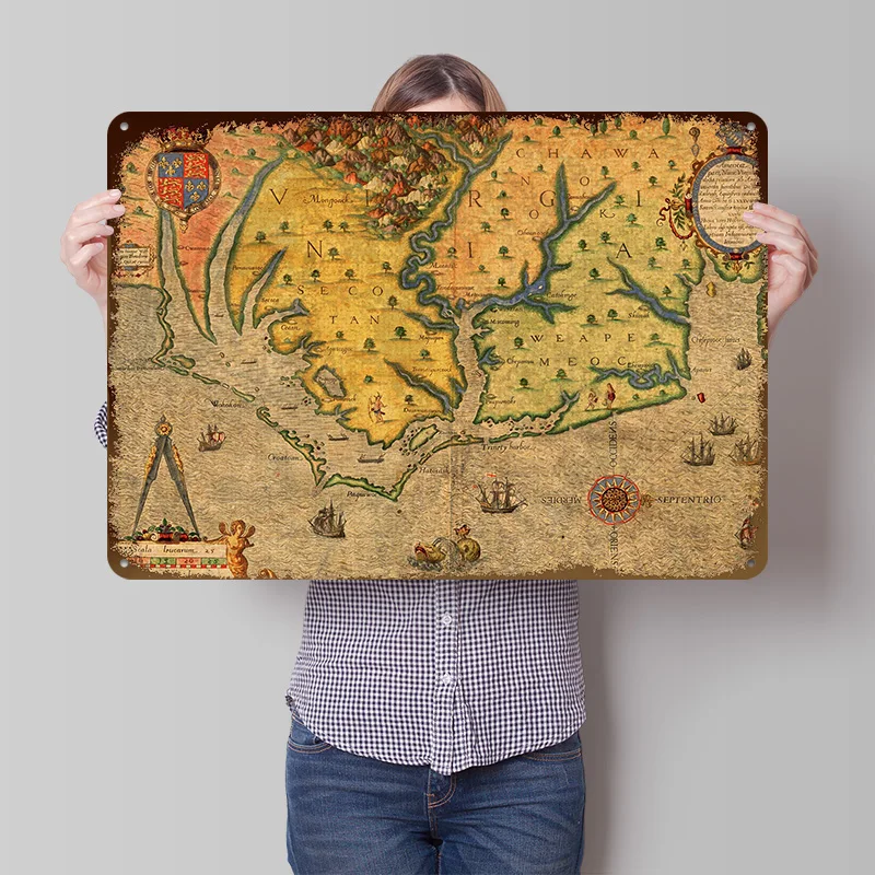 Map of Roanoke Colony Virginia Circa 1585 Printed Poster Customized Wall Art Retro Vintage Metal Tin Signs for Custom Plate Home