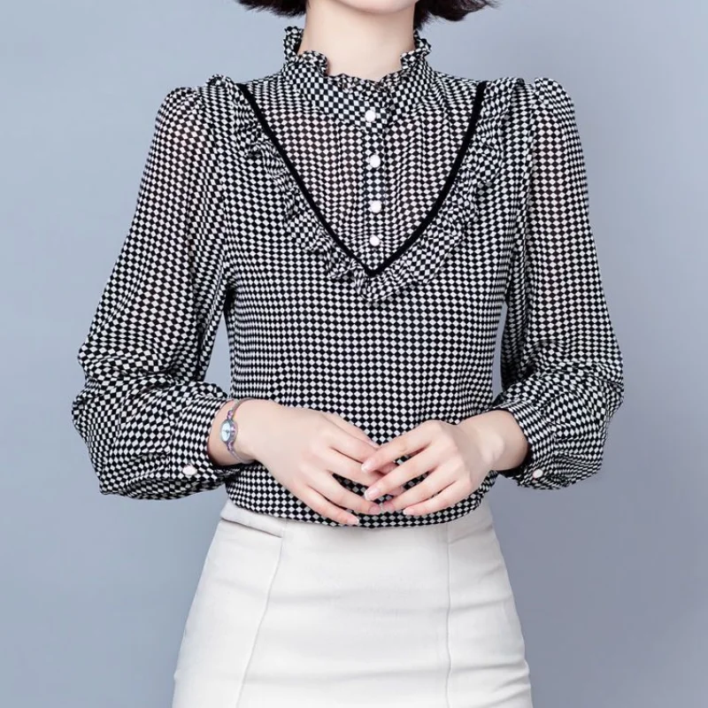 Jersey de manga larga con cuello de volantes, camisa elegante y versátil, versión coreana, novedad