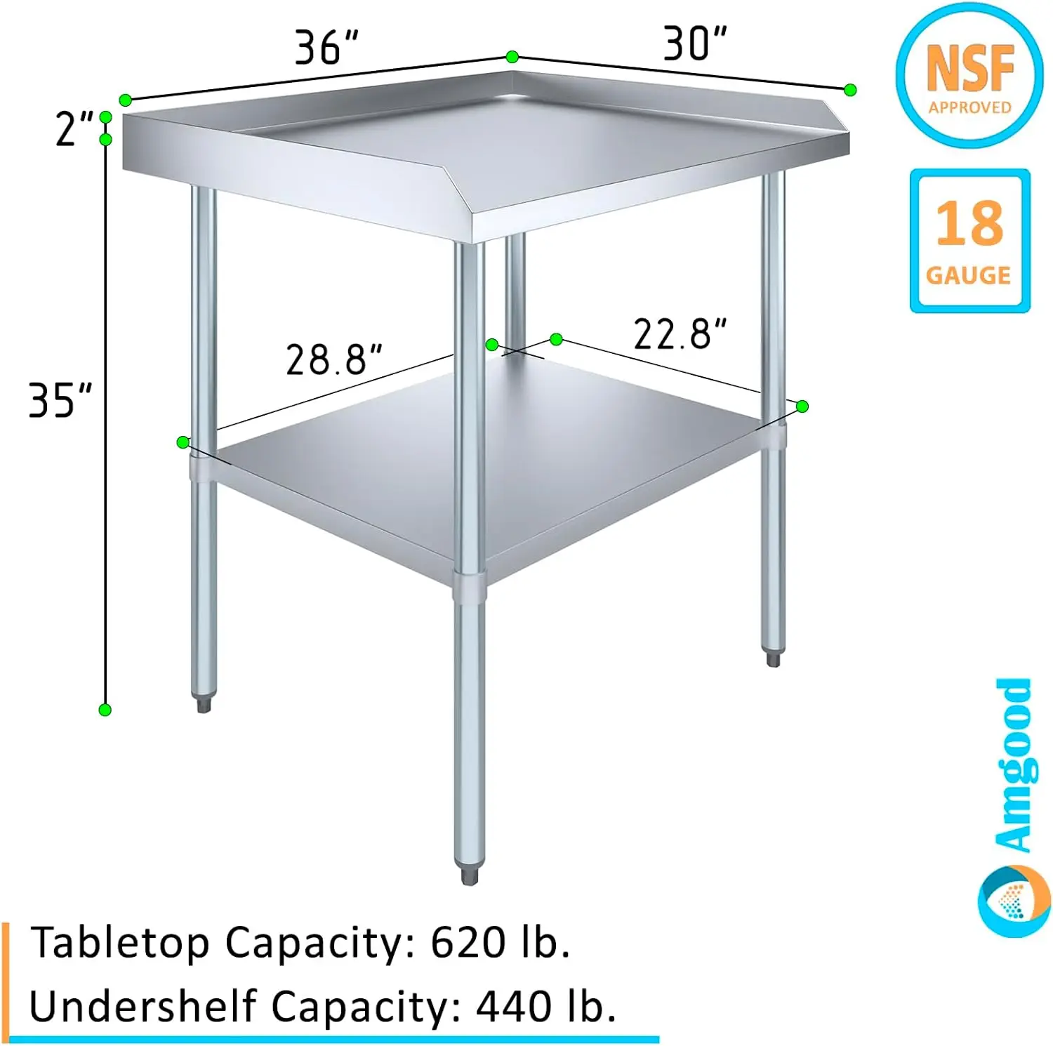 Table de travail commerciale avec dosseret et plaqués latéraux, NSF, Table en acier inoxydable avec protections latérales, 36 po de long x 30 po de profondeur