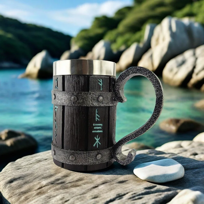 Viking Rune 600ml Beer Mug Cup Men Gift 304 Stainless Steel Tankard Resin Imitation Wooden Texture Nordic Decor Stein Coffee New