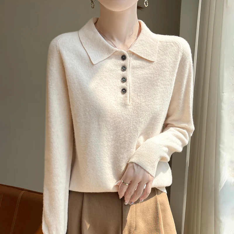 

Autumn Winter 100% Merino Wool Polo Collar Button Pullover Commuter Minimalist Sweater Women Cashmere Casual Comfortable Knitted