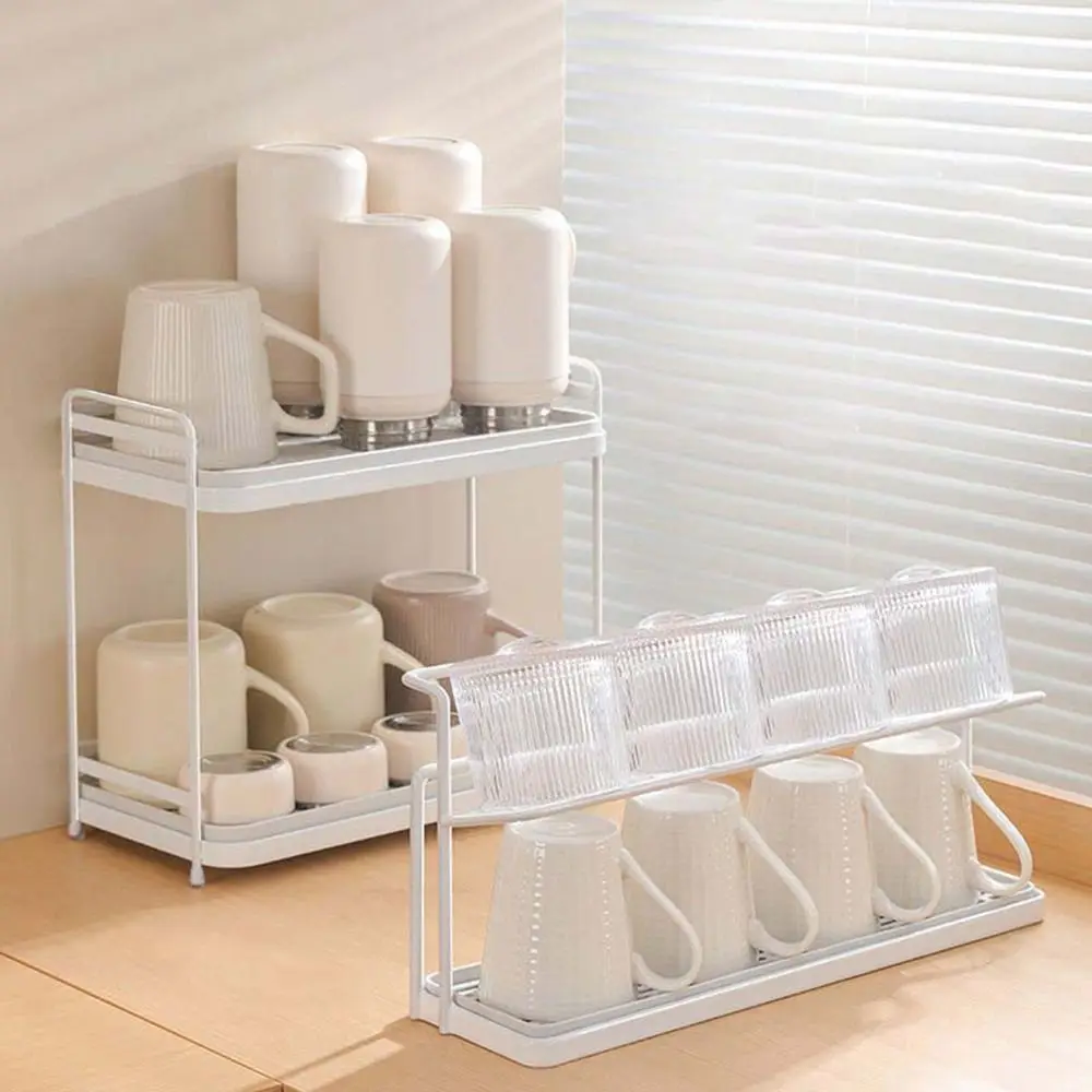 Iron Double-layer Drain Cup Rack Space Saving Large Capacity Cup Storage Tray with Removable Drip Tray Layered Cup Storage Rack