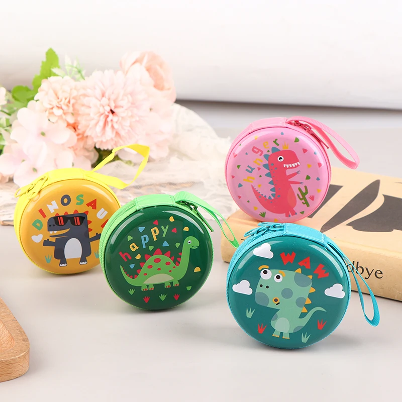 Lovely Dinosaur Round Coin Purses Cute Print Wallet Zipper Change Purse For Boys Girls Earphones Storage Pouch