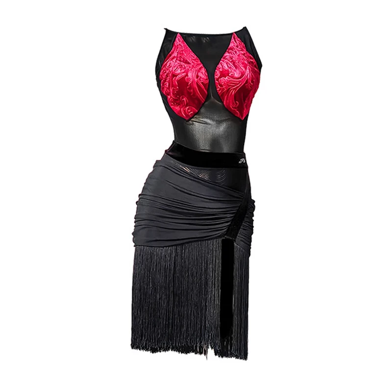 Zwarte Fringe Latin Dans Kostuum Rumba Samba Kleding Volwassen Dansshow Prestaties Outfit Mesh Splicing Turnpakje Kwastje Rok 3696