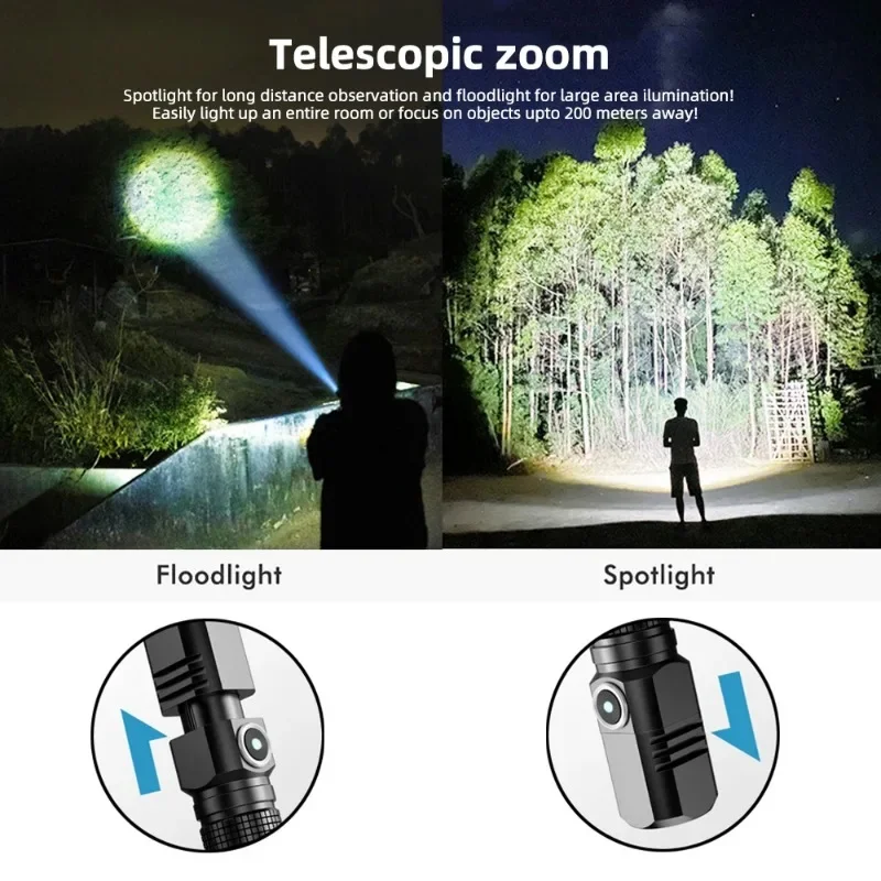 Powerful XHP50 Mini Flashlight Type-C Rechargeable Portable Zoom Fishing Lantern Pocket Torch Waterproof for Camping