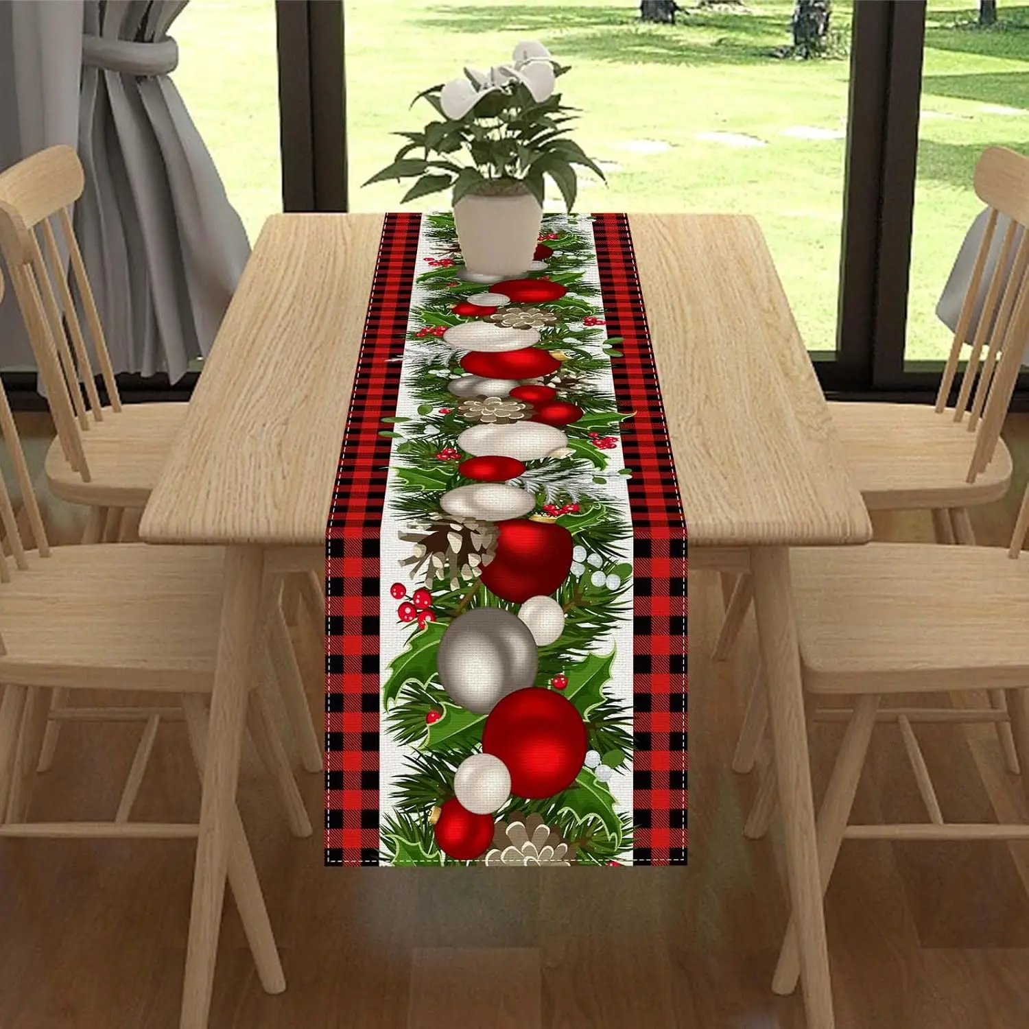 Christmas Balls Pine Needle Red Black Buffalo Plaid Linen Table Runners Winter Xmas Party Table Decor Navidad Decorations 2025