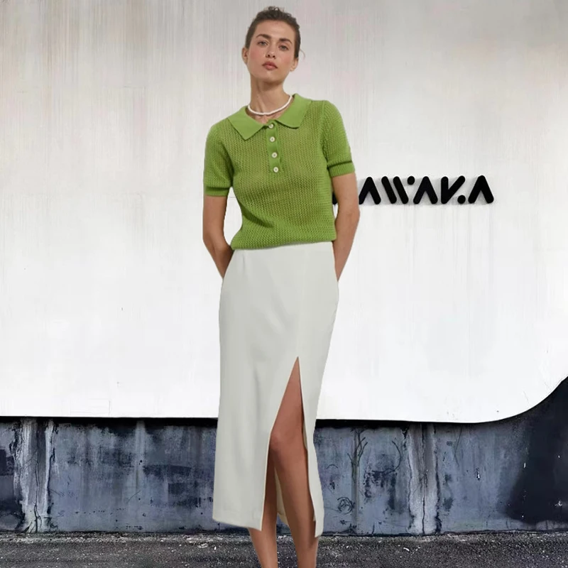 Tornova Casual Knitted Hollow T shirt Female Short Sleeve Pullover Top See Through Lapel Summer Fashion Women's Sweater T shirt - Image 5