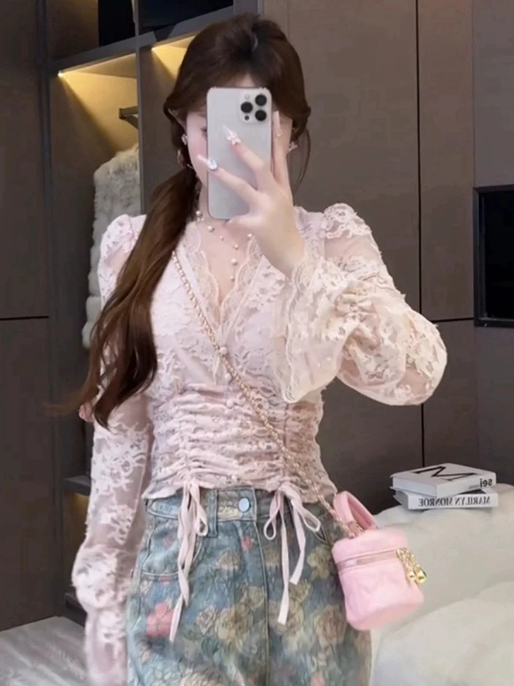Pure Desire Lace Drawstring Pleated V-neck Bell Sleeve Shirt Women's Spring New Sweet Spicy Slimming Short Top
