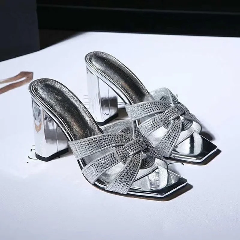 Silver Crystal Square Toe Chunky Sandals Woman Elegant Gold Diamond Cross Heels Open Slingback Black Leather Hollow Brand Shoes