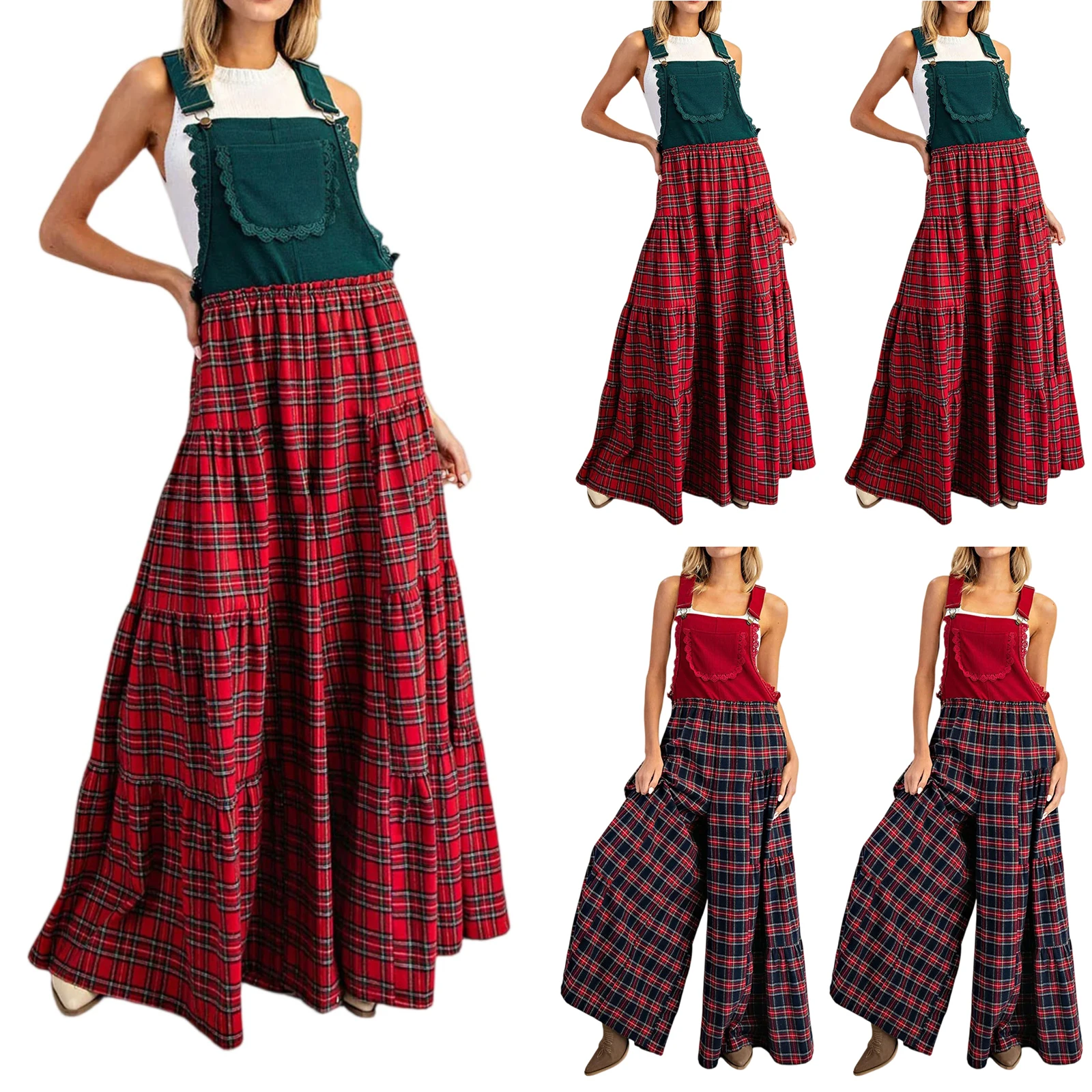 

Ladies' Harajuku Streetwear Fashion Ruffled Pocket British Vintage Check Wide-Leg Colour-Blocking Suspender Long Jumpsuit