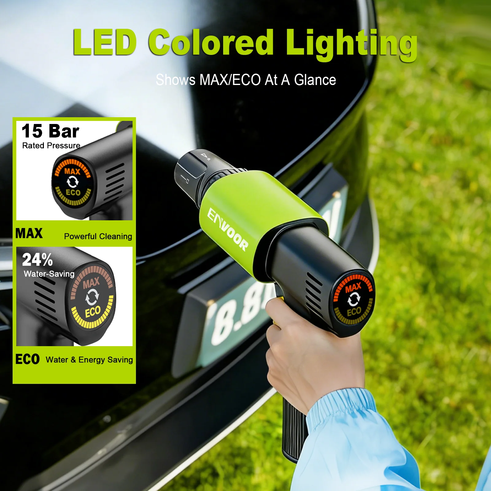 Cordless High Pressure Cleaner Foldable Handle LED Light Shows MAX/ECO, 4in1 Nozzle, 5 Accessories Included