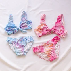 3-8Years Falbala Tie Dye Kids Girls Bandage Bikinis 2024 Gradient Summer Girls Kids Swimwear Swimsuit Children Biquini Infantil