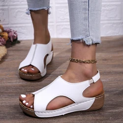 Sandalias de tacón de plataforma medio para Mujer, zuecos informales con punta abierta, cuñas de cuero Pu, Sandalias romanas para verano, 2024