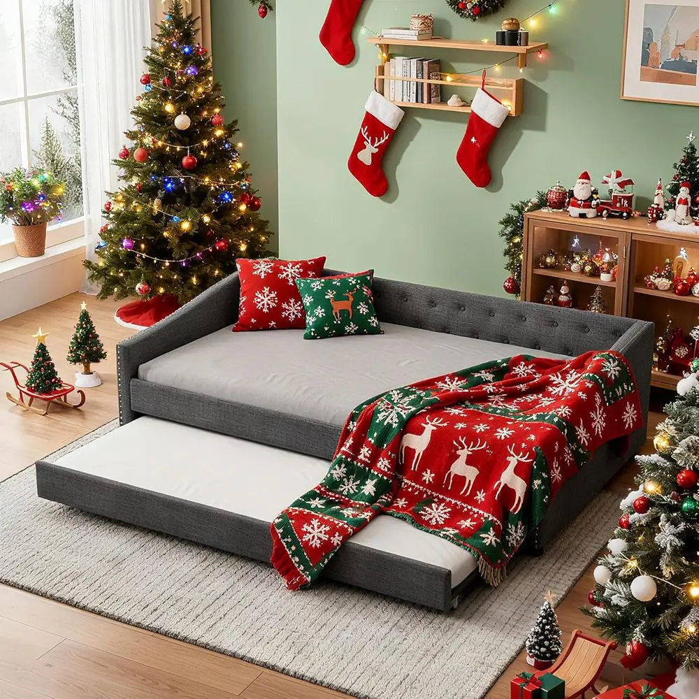 Upholstered Daybed with Trundle, Tufted Sofa Bed, Button-Tufted Back, Piping on Arms, Dark Grey, No Box Spring Needed for Bedroo